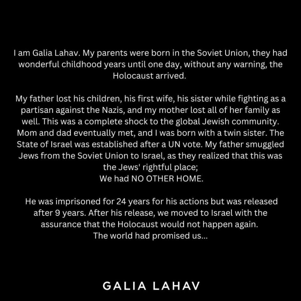 On October 11, 2023, Lahav — a descendant of Holocaust survivors born in the Soviet Union — shared a personal post with her 2.4 million followers on Instagram. Instagram