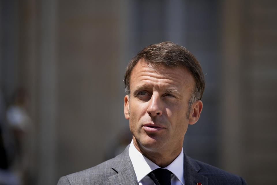 FILE - French President Emmanuel Macron, speaks to medias during a press conference at the Elysee Palace in Paris, on July 21, 2023. President Emmanuel Macron says France will end its military presence in Niger and pull its ambassador out of the country after its democratically elected president was deposed in a coup. France has maintained some 1,500 troops in Niger since the July coup and refused an order by the new junta for its ambassador to leave. (AP Photo/Christophe Ena, File)