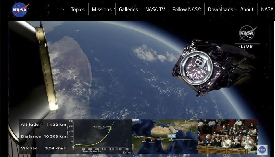 FILE - In this image provided by NASA, the James Webb Space Telescope is released into space from an Ariane rocket on Saturday, Dec. 25, 2021. The telescope is designed to peer back so far that scientists will get a glimpse of the dawn of the universe about 13.7 billion years ago and zoom in on closer cosmic objects, even our own solar system, with sharper focus.