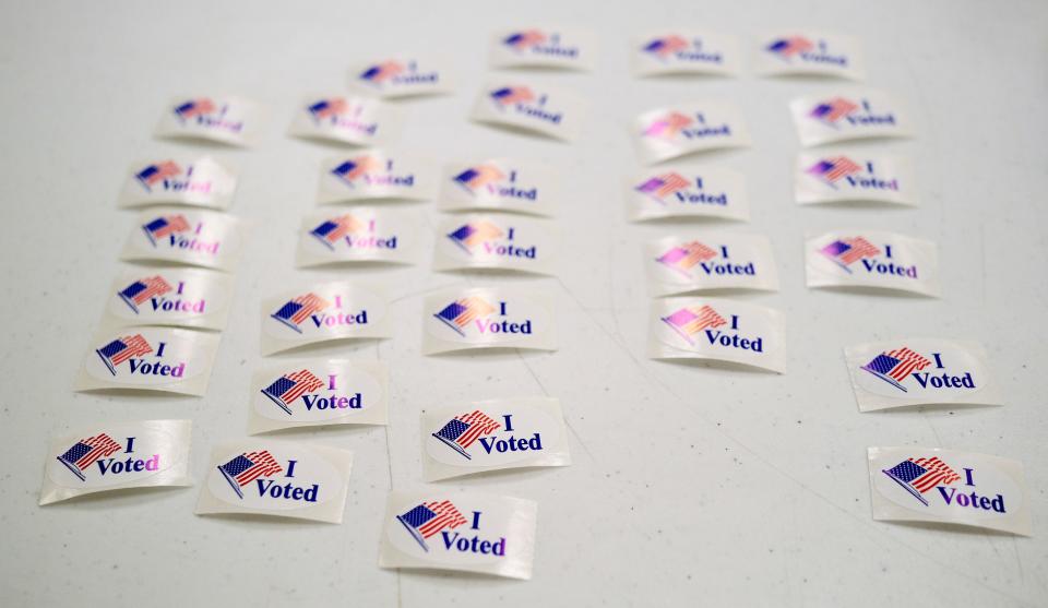 I Voted stickers for precincts 355 and 356 at Edmond Church of Christ are pictured March 5.