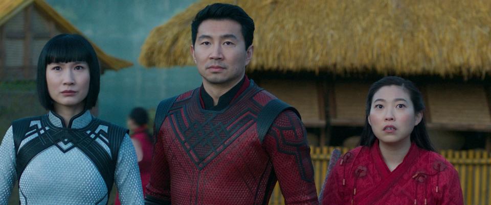 Xialing (Meng’er Zhang), Shang-Chi (Simu Liu) and Katy (Awkwafina)  prepare to take on the Ten Rings army in mystical Ta Lo in "Shang-Chi and the Legend of the Ten Rings."