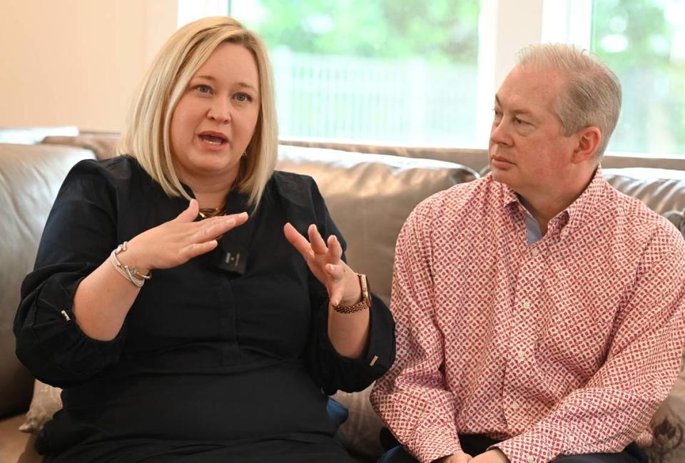 Christy Phillips-Brown and her husband, Jason Brown on Thursday, August 17, 2023. Jason Brown is a local TV sportscaster for Spectrum News who had been battling congestive heart failure until he had a heart transplant on March 16th.