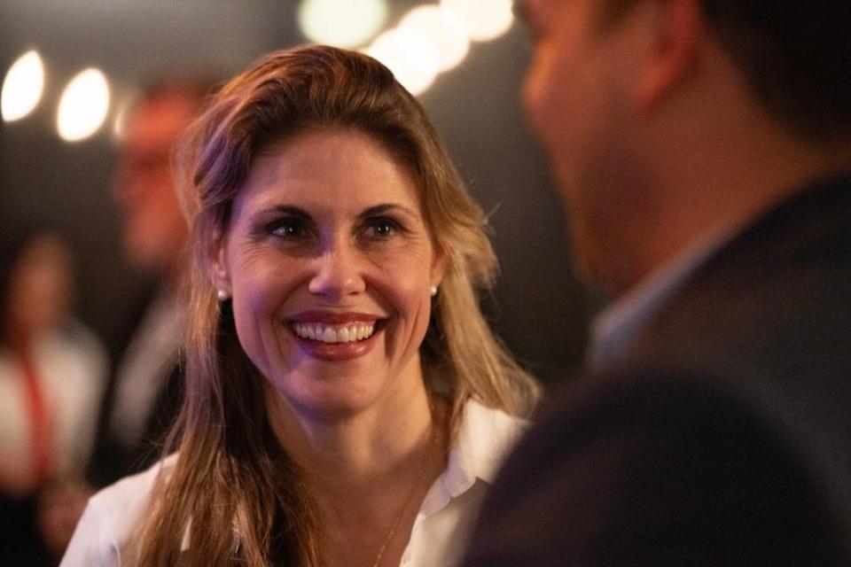 California 6th District Assembly candidate Maggy Krell talks with a supporter during her election night party at 58 Degrees & Holding Co. in midtown Sacramento on Tuesday, March 5, 2024.