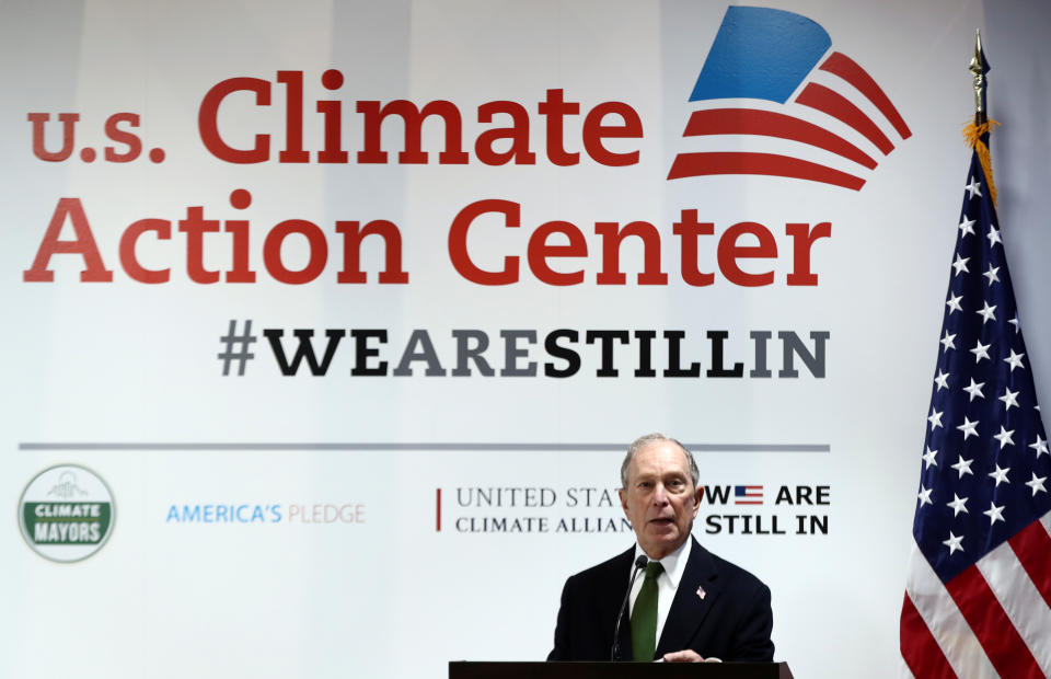 Michael Bloomberg speaks at a podium during a panel at the U.N. Climate Change Conference in Madrid in 2019.