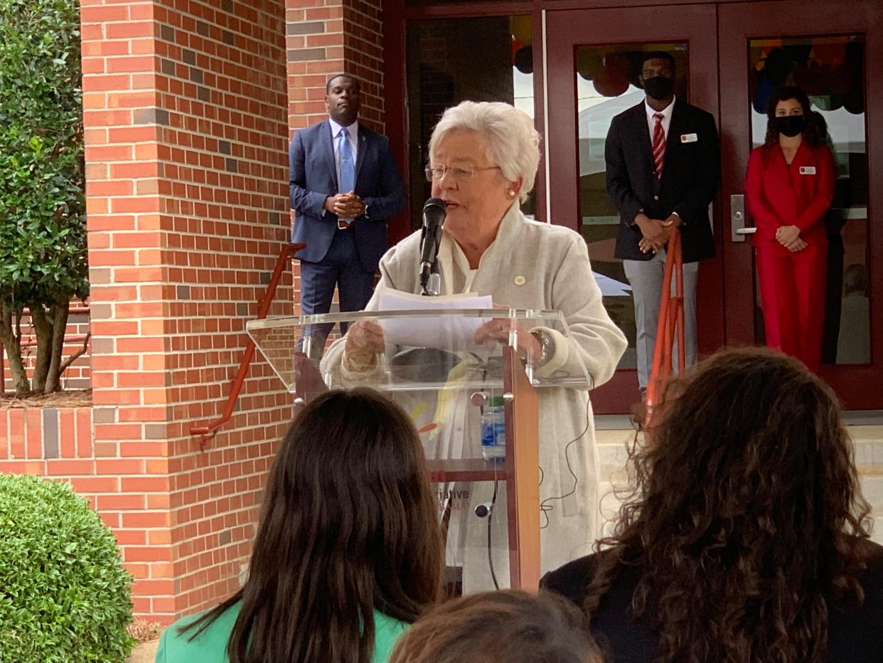 Gov. Kay Ivey speaks Friday at the ceremonial ribbon cutting for the University of Alabama’s Early Learning Initiative at UA's Gadsden Center.
