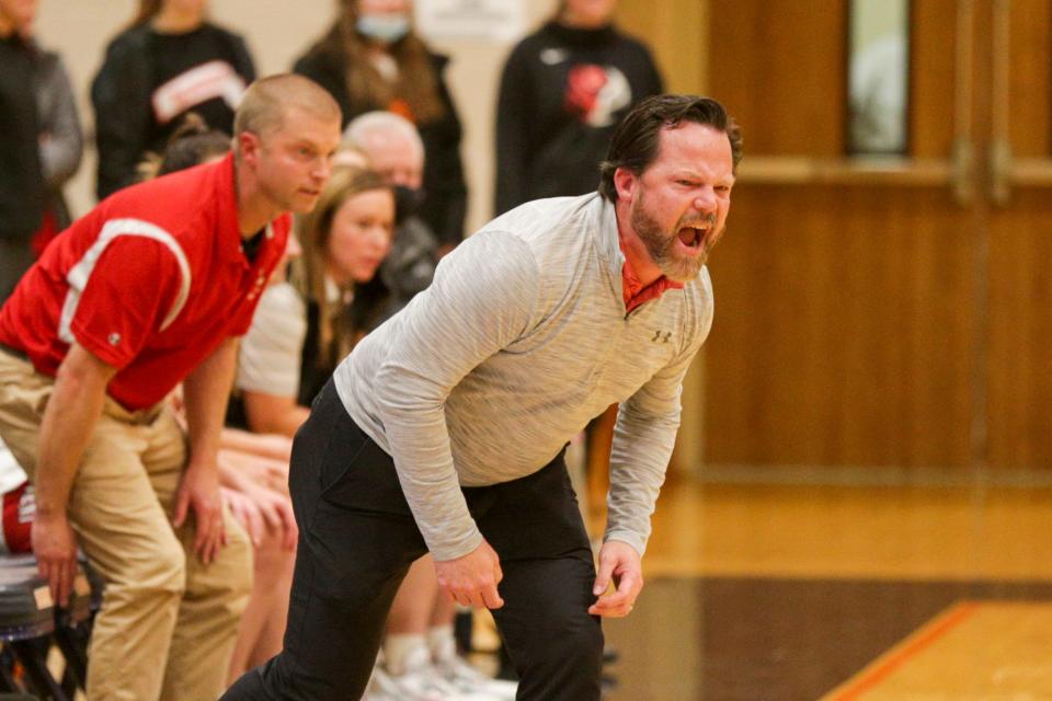 Twin Lakes head coach Brad Bowsman reacts during the fourth quarter of a 2021 IU Health Girls Hoops Classic game, Friday, Nov. 19, 2021 in West Lafayette.