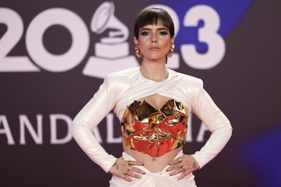 Paula Arenas arrives at the 24th annual Latin Grammy Awards in Seville, Spain, Thursday, Nov. 16, 2023. (Photo by Vianney Le Caer/Invision/AP)