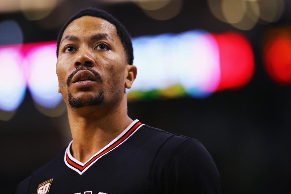 BOSTON, MA - JANUARY 22: Derrick Rose #1 of the Chicago Bulls looks on during the second quarter of a game against the Boston Celtics at TD Garden in Boston, Massachusetts on January 22, 2016. Note to User: User expressly acknowledges and agrees that by downloading and/or using this photo, User is agreeing to the terms of the Getty Images License Agreement. (Photo by Maddie Meyer/Getty Images)