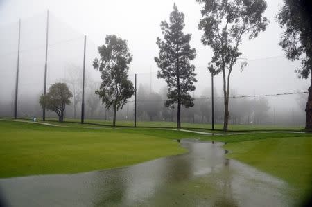 February 14, 2019; Pacific Palisades, CA, USA; Standing water on the second course fairway during a stoppage in play in the first round of the Genesis Open golf tournament at Riviera Country Club. Mandatory Credit: Gary A. Vasquez-USA TODAY Sports