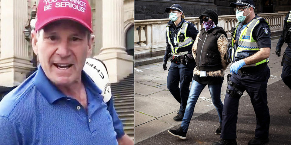 Sam Newman (pictured left) marching on Victorian parliament and a woman being arrested for not following the laws (pictured right).