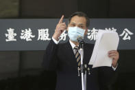 Taiwan's Mainland Affairs Council Minister Chen Ming-tong speaks during an opening ceremony of the Taiwan Hong Kong Service Exchange Office, in Taipei, Taiwan, Wednesday, July 1, 2020. Taiwan officially opened a specialized office on Wednesday to support Hong Kong people seeking to move to Taiwan after China’s passage of a national security law for Hong Kong. (AP Photo/Chiang Ying-ying)