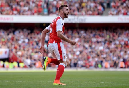 Britain Football Soccer - Arsenal v Liverpool - Premier League - Emirates Stadium - 14/8/16 Arsenal's Calum Chambers celebrates scoring their third goal Action Images via Reuters / Tony O'Brien Livepic