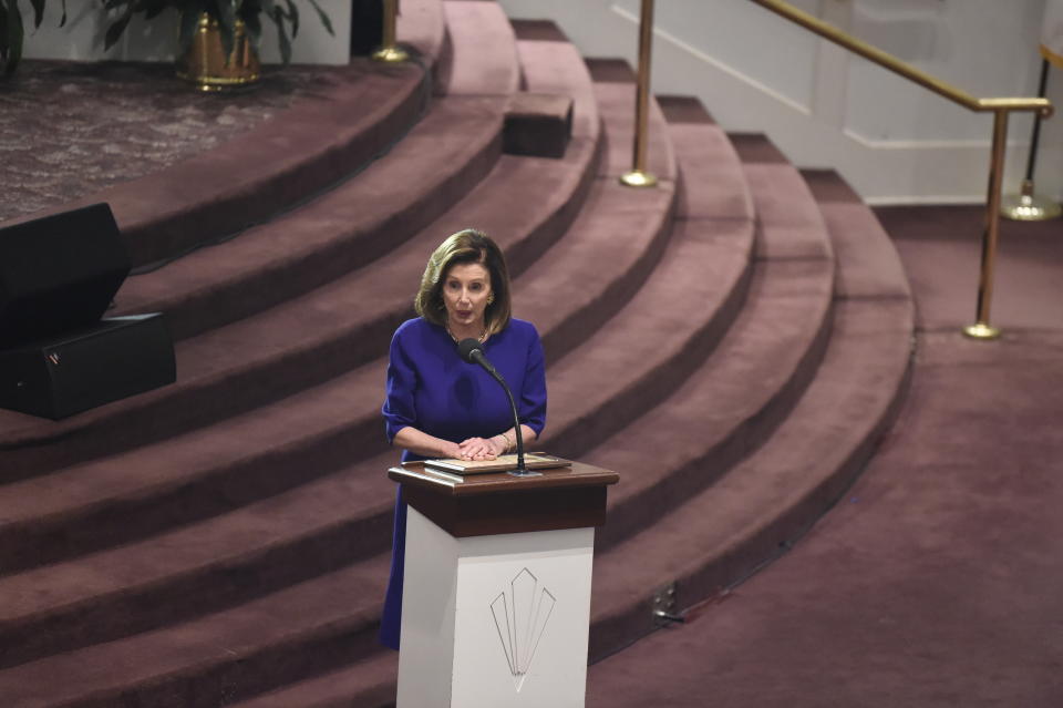 House Speaker Nancy Pelosi speaks at funeral services for Emily Clyburn, wife of House Majority Whip Jim Clyburn of South Carolina, on Sunday, Sept. 22, 2019, in West Columbia, S.C. (AP Photo/Meg Kinnard)