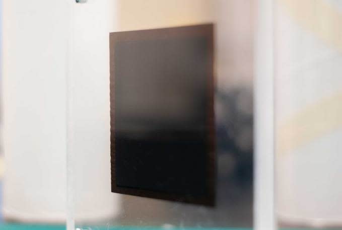 A sample of Celadyne's membrane sits inside a display case.