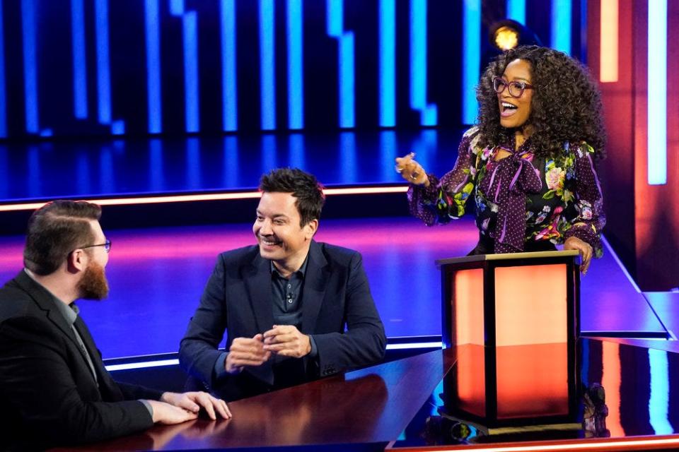 Keke Palmer, right, Jimmy Fallon, center, and a contestant on the Season 2 premiere of the NBC game show "Password."