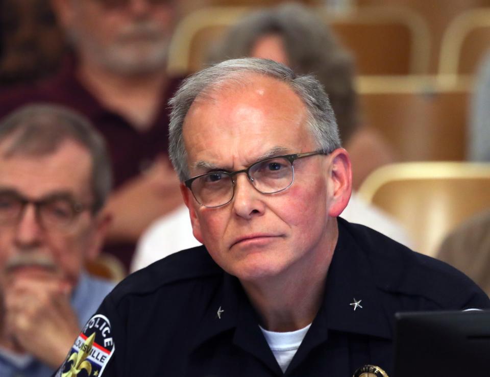 LMPD Chief Steve Conrad speaks at a joint meeting of Louisville Metro Council's public safety and government accountability committees on April 16, 2019.