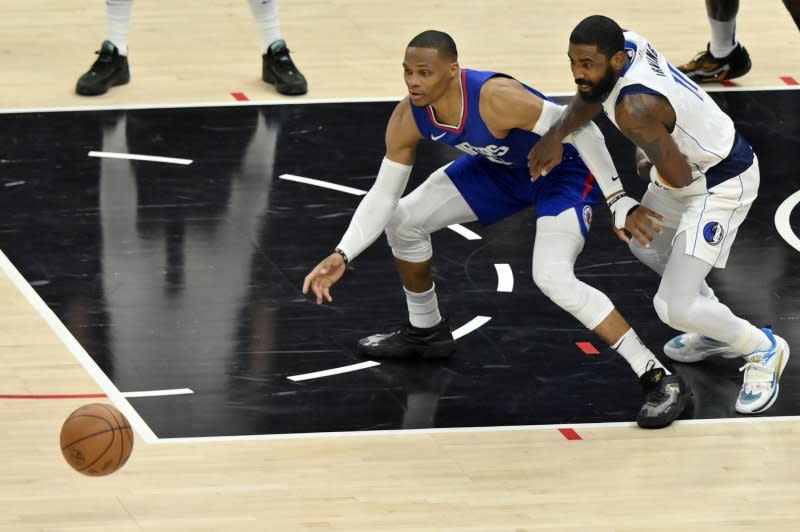 Los Angeles Clippers guard Russell Westbrook (L) scored seven points off the bench in a loss to the Dallas Mavericks on Tuesday in Los Angeles. File Photo by Jim Ruymen/UPI
