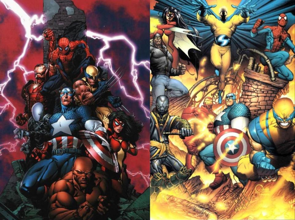 the 2004 lineup of the New Avengers, art by David Finch (L) and Joe Quesada (R)