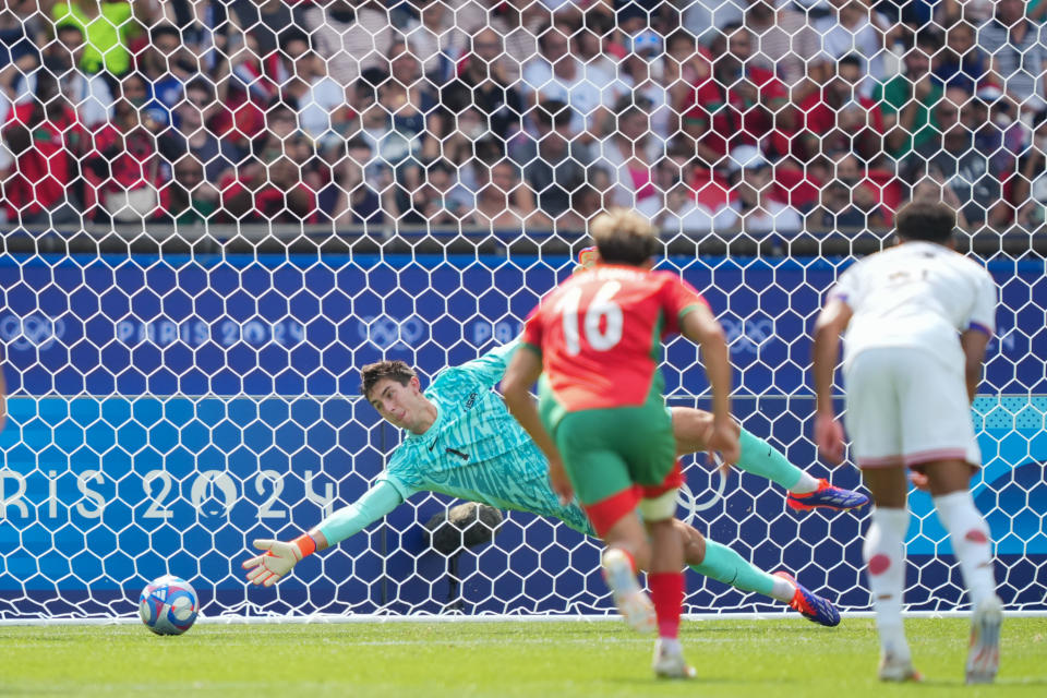 PARIS, FRANCE - AUGUST 02: Patrick Schulte #1 of the United States fails to stop a Morocco penalty kick during the first half of the Men's Quarter Final match during the Olympic Games Paris 2024 at Parc des Princes on August 02, 2024 in Paris, France. (Photo by John Todd/ISI/Getty Images)