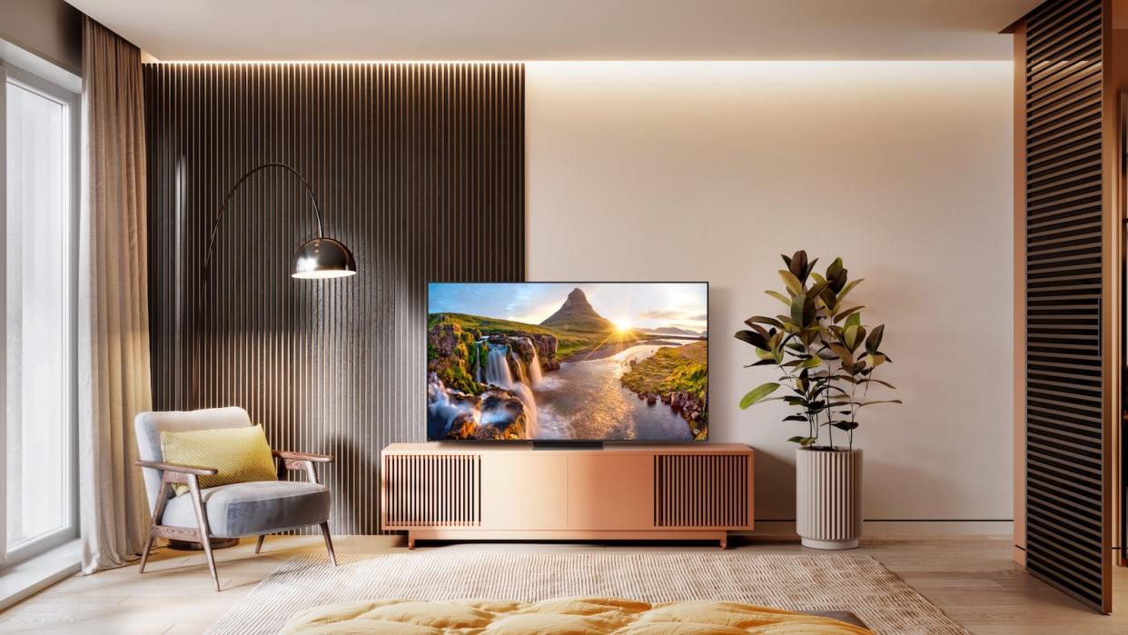 A TV in a modern living room setting. 