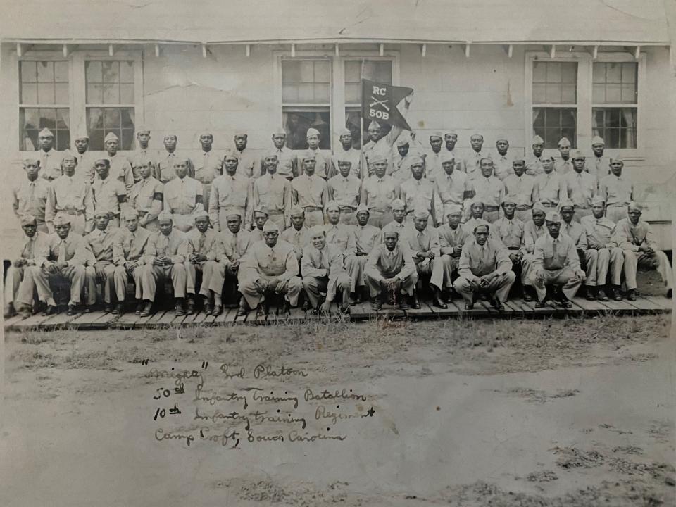 Eugene Dednam with other soldiers at Camp Croft, a World War II U.S. Army Infantry training center.