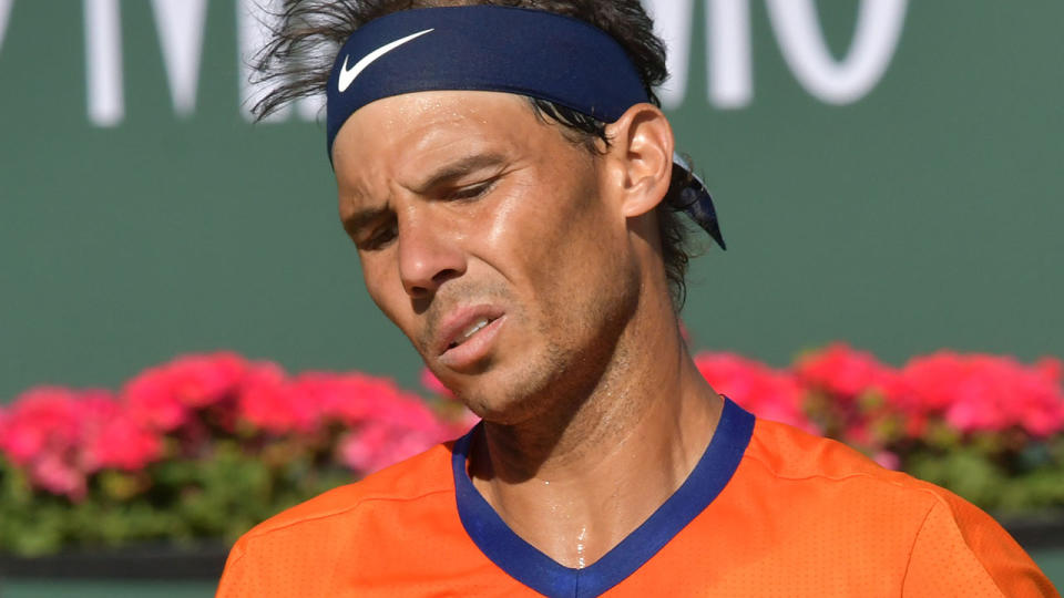 Rafa Nadal, pictured here in obvious discomfort at Indian Wells.