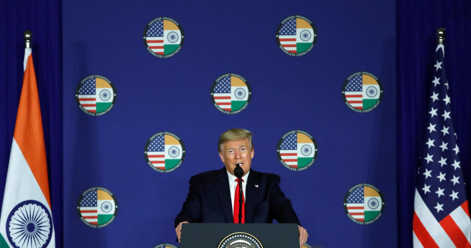 U.S. President Donald Trump speaks during a news conference in New Delhi, India, February 25, 2020. REUTERS/Al Drago