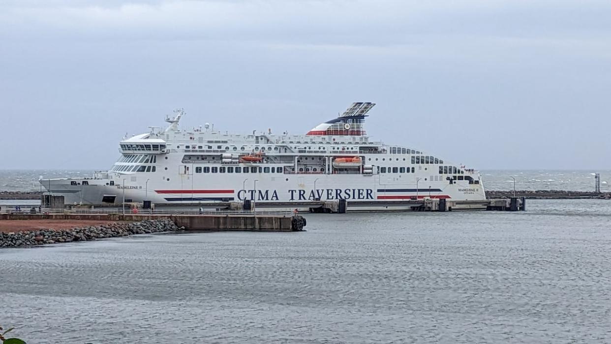 The MV Madeleine II is shown at the dock in Souris. The ferry will be out of service for an extended stretch in the spring of 2024. (Shane Hennessey/CBC - image credit)