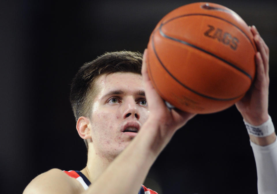 Feb 29, 2020; Spokane, Washington, USA; Gonzaga Bulldogs forward Filip Petrusev (3) attempts a free throw against the St. Mary's Gaels in the first half at McCarthey Athletic Center. The Bulldogs won 86-76. 