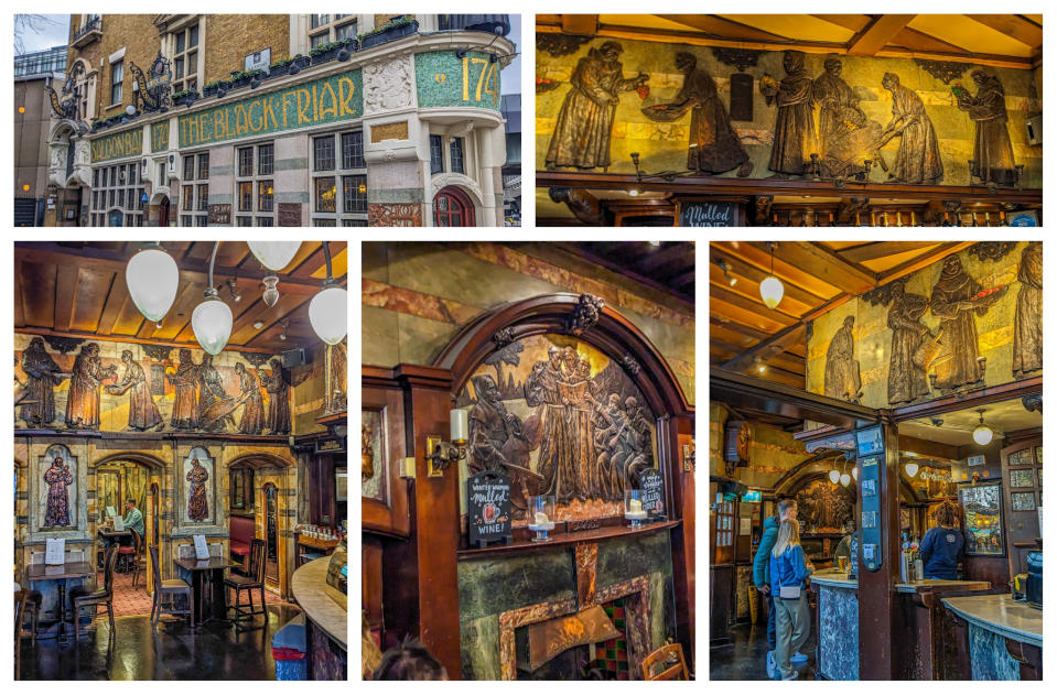 Collage showing the interior and exterior of Black Friars Pub, which has many paintings of friars. 