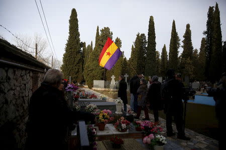 People hold a Spanish Republican flag during the exhumation of a grave at Guadalajara's cemetery, Spain, January 19, 2016. REUTERS/Juan Medina