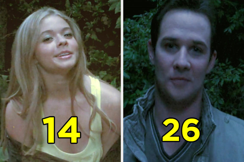 Sasha Pieterse and Ryan Merriman in the woods for a scene in "Pretty Little Liars"