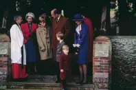 <p>The British royal family attended Christmas Day service at St Mary Magdalene Church on the Sandringham estate in Norfolk, England. L-R: A clergyman, Princess Margaret, Peter Phillips, Prince Philip, Prince William, Prince Harry, and Diana, Princess of Wales. </p>