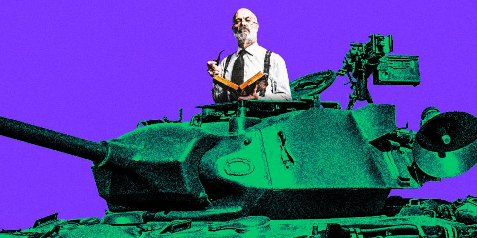 An older academic figure holding a smoking pipe in one hand and a book in the other with an arrogant look on his face coming out of a green US military tank on a purple background
