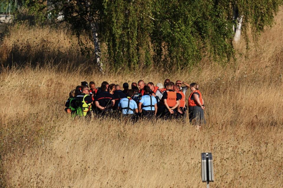 French gendarmes and fire brigade with Sea Sheperds members attend a meeting near the lock of Notre Dame de la Garenne where a Beluga whale is being prepared to be moved, in Saint-Pierre-la-Garenne, (AP)