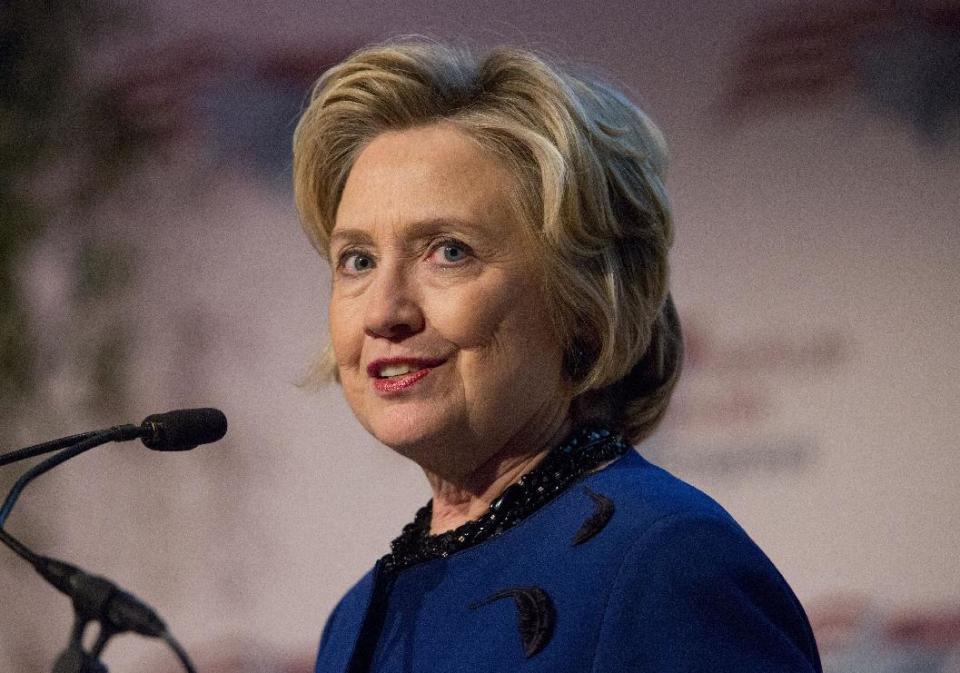 Former Secretary of State Hillary Rodham Clinton speaks after receiving the American Jewish Congress' lifetime achievement award on Wednesday, March 19, 2014, in New York. Clinton spoke at the group’s gala and emphasized the longstanding relationship between the United States and Israel, and also spoke about the negotiations process with Iran. (AP Photo/Jin Lee)