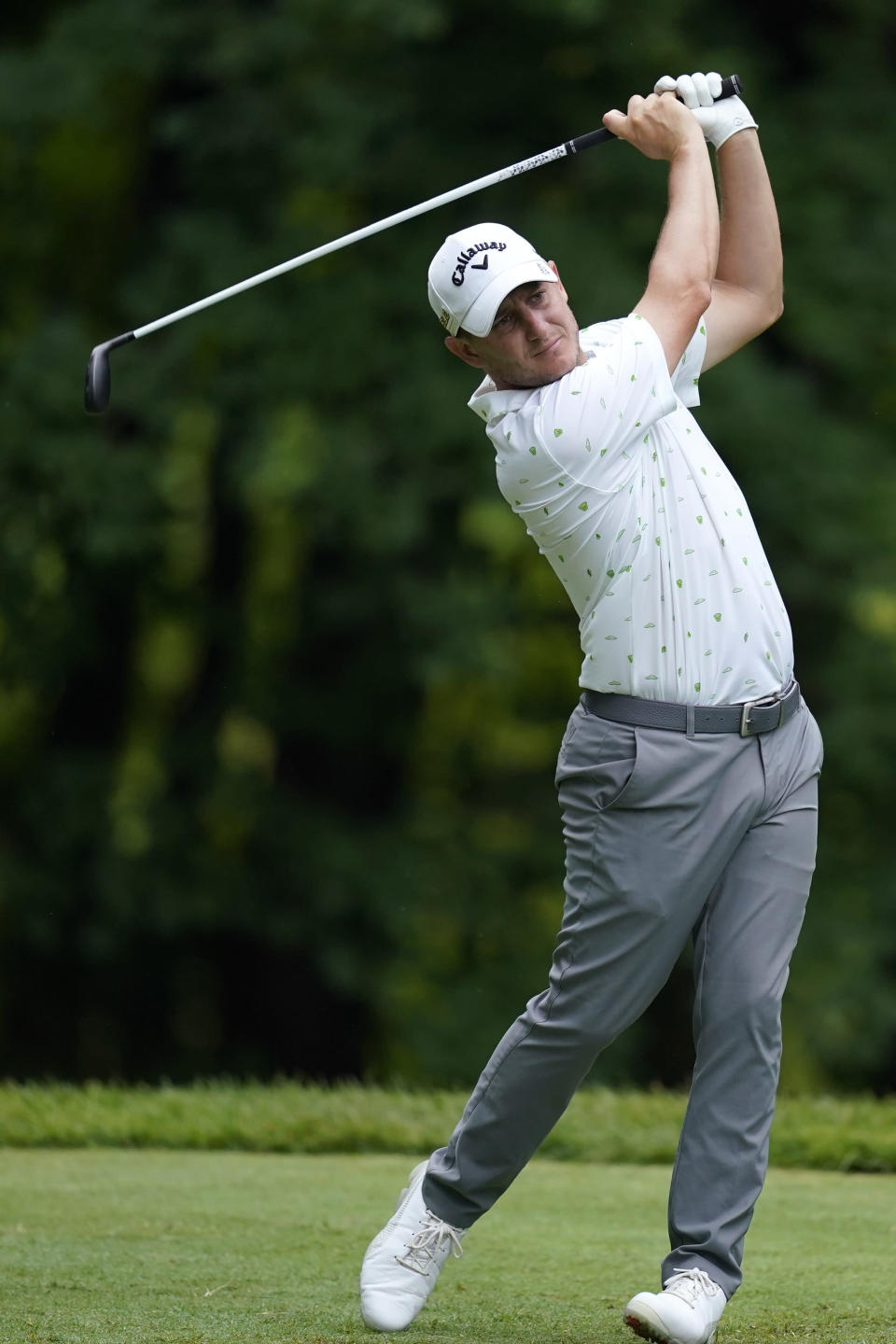 Emiliano Grillo, of Argentina, hits off the sixth tee during the second round of the John Deere Classic golf tournament, Friday, July 1, 2022, at TPC Deere Run in Silvis, Ill. (AP Photo/Charlie Neibergall)