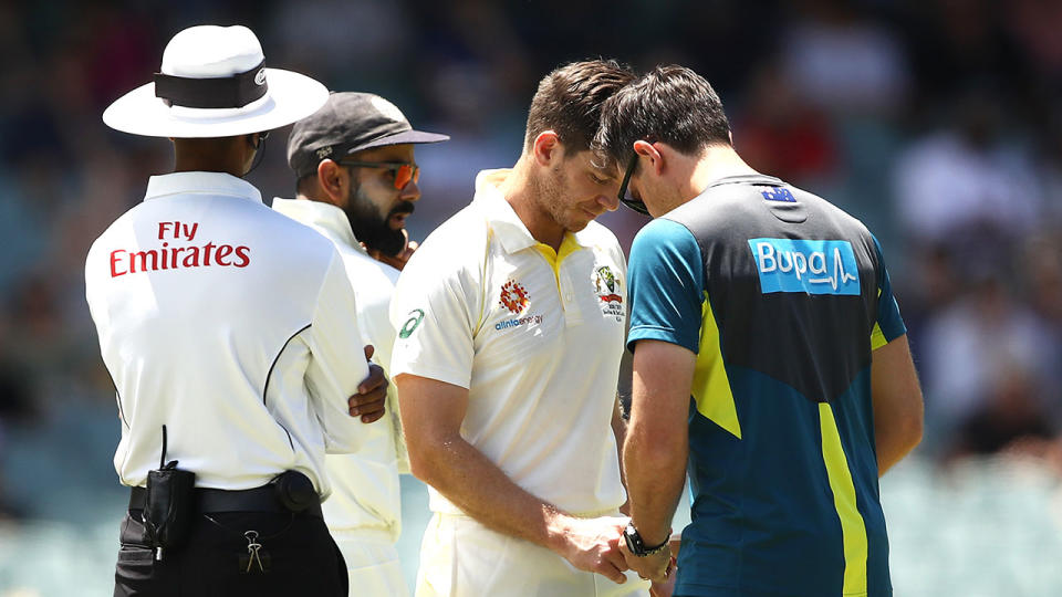 Paine was treated for a finger injury in the first Test. Pic: Getty