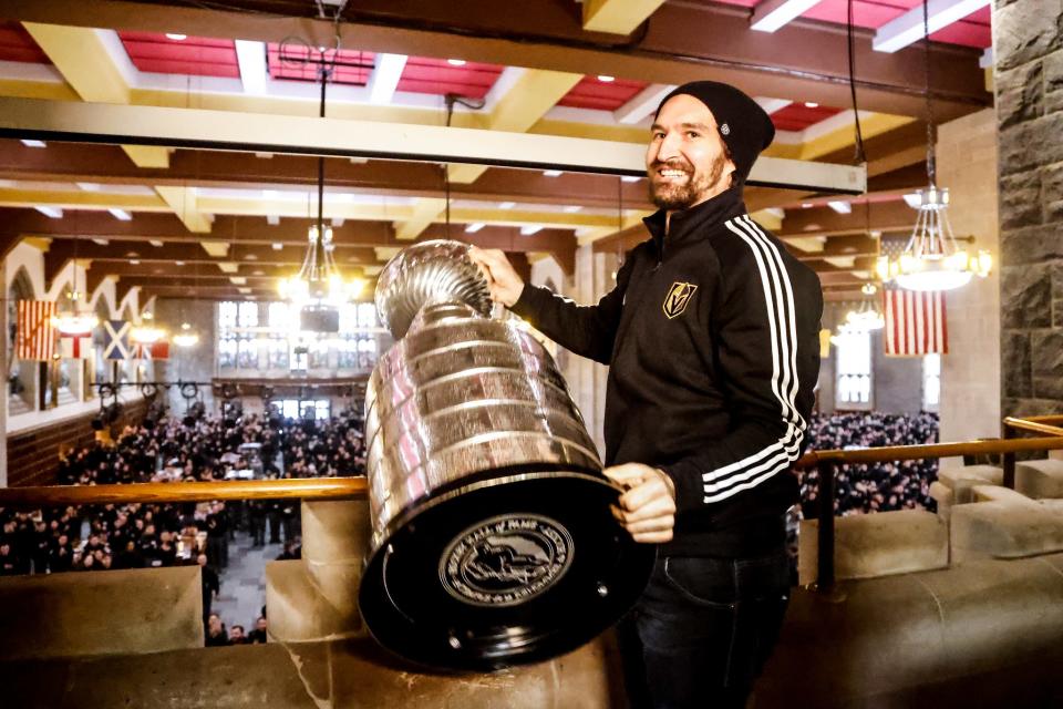 Vegas Golden Knights captain Mark Stone presents the Stanley Cup before the Corps of Cadets at West Point on Wednesday. USMA PUBLIC AFFAIRS