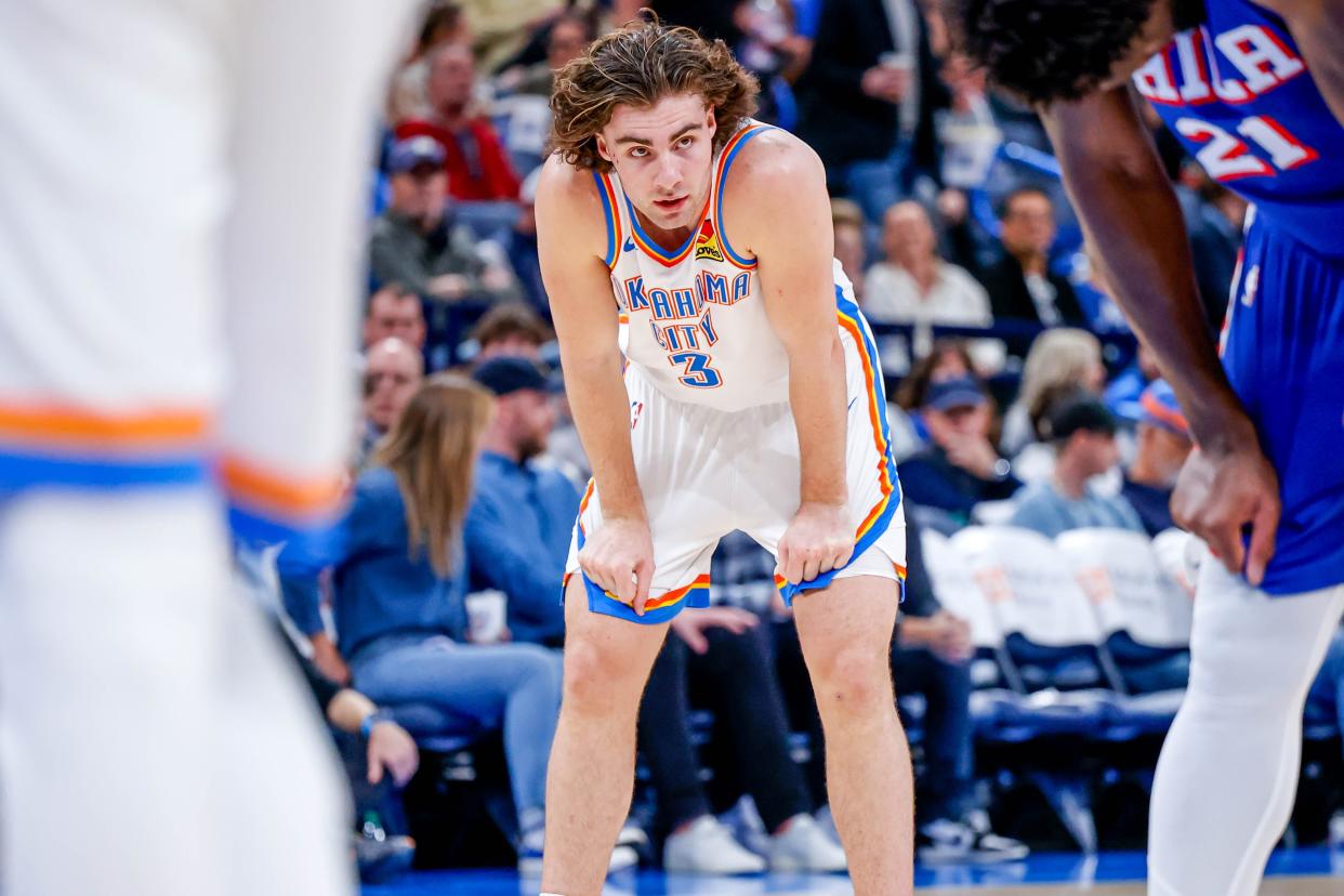 Oklahoma City Thunder guard Josh Giddey (3) waits for a free throw shot in the third quarter during an NBA game between the Thunder and the Philadelphia 76ers on Nov. 25 at the Paycom Center.