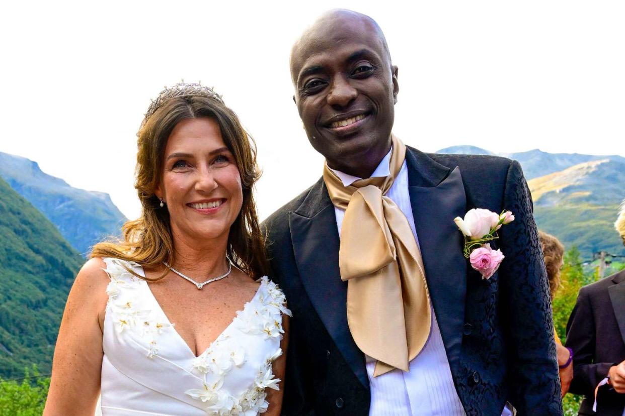 <p>Shutterstock</p> Princess Martha Louise and Durek Verrett on their Aug. 31, 2024 wedding day in Geiranger, Norway.