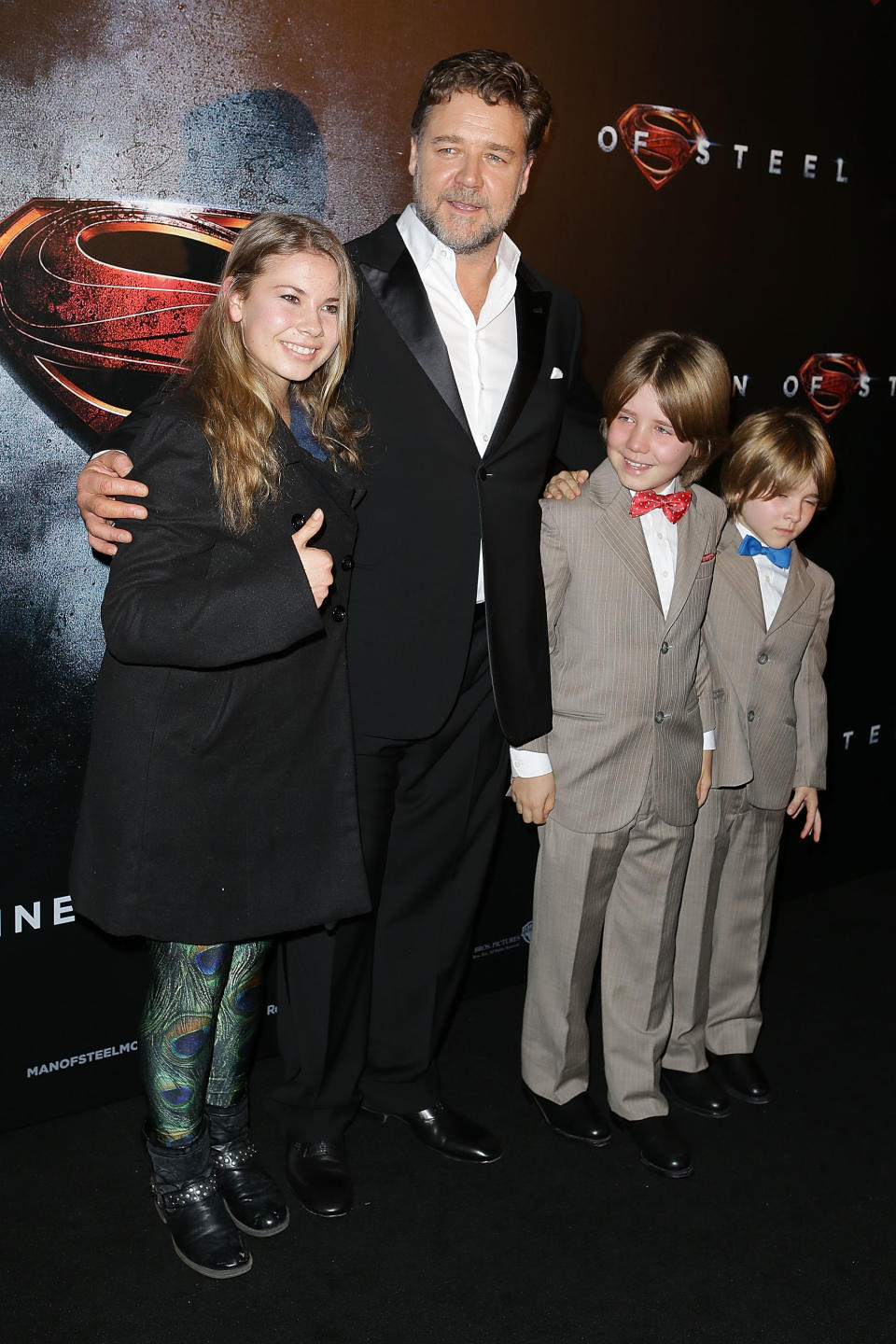 Bindi Irwin, Russell Crowe, Tennyson Crowe and Charles Crowe arrive at the 'Man Of Steel' Australian premiere on June 24, 2013 in Sydney, Australia.  (Photo by Brendon Thorne/Getty Images)