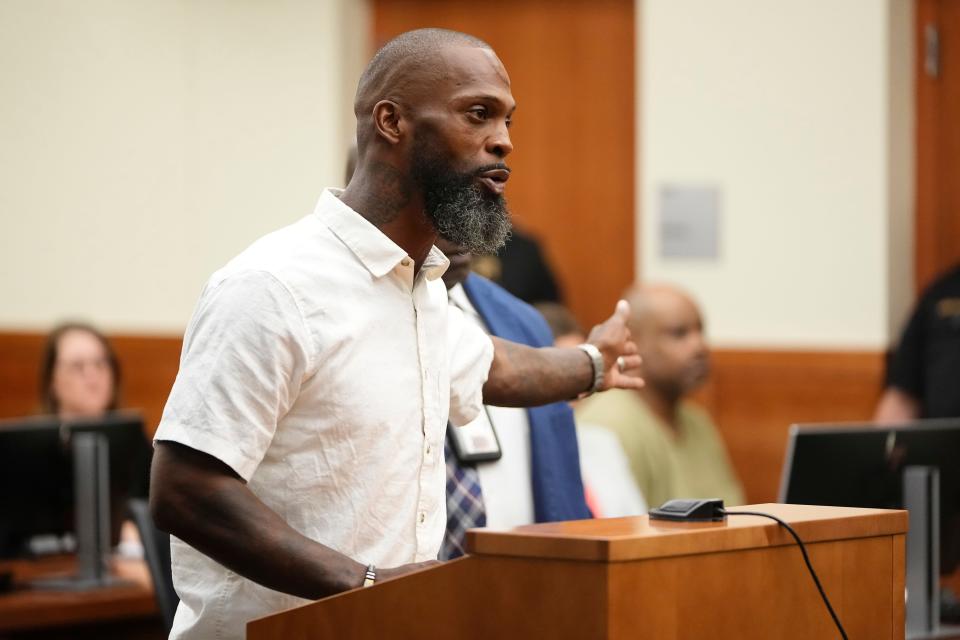 Tavarus Hendricks, whose sister Tia Hendricks was stabbed to death along with her two children on Thanksgiving Day 2010 at their Columbus apartment, begs a three-judge panel in Franklin County Common Pleas Court on Wednesday to keep a death sentence that had been given to Caron Montgomery for his guilty plea in their deaths. The judges ultimately decided to resentence Montgomery to life in prison.
