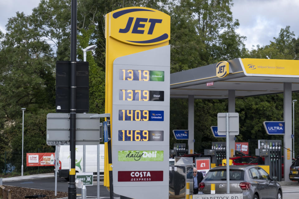 As the fuel crisis in the UK continues, this Jet petrol station is open for business, and motorists drive in with their cars to fill up with fuel, which is being sold at normal prices on 29th September 2021 in Birmingham, United Kingdom. While some forecourts remain closed with little or no fuel, there is confusion amongst the public as to whether they should buy fuel now or wait. This has led to panic buying and long queues outside some petrol stations as the crisis, which has been caused by a lack of HGV drivers available to deliver supplies, continues. The opertator of this station was keen to emphasise, that they are selling fuel at non-inflated prices to help people out. (photo by Mike Kemp/In Pictures via Getty Images)