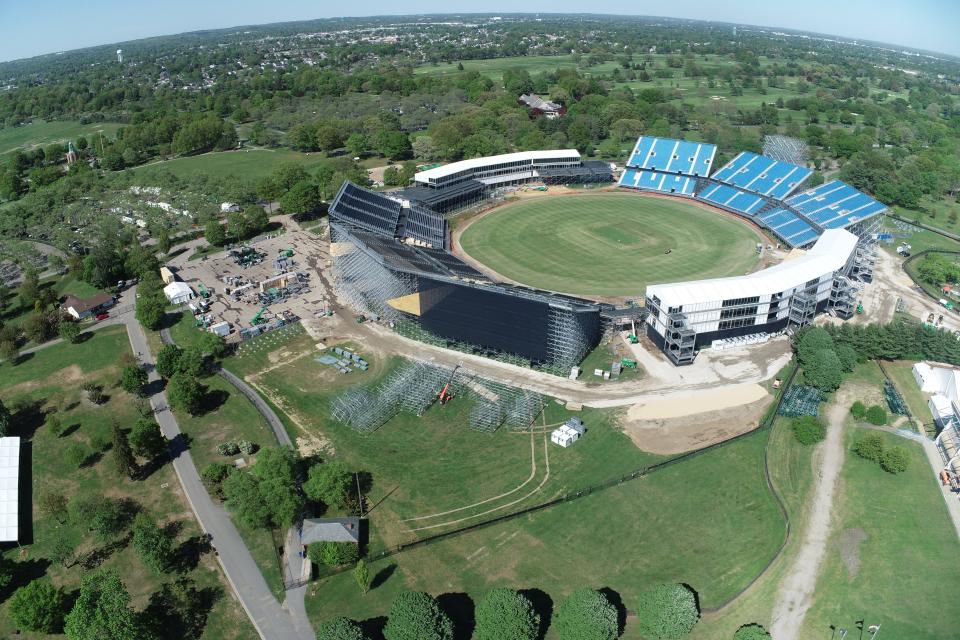 An aerial view of the Nassau County Cricket Stadium on Long Island, New York. The 34,000-seat modular cricket stadium has been specially constructed for the upcoming ICC Men's T20 World Cup 2024.