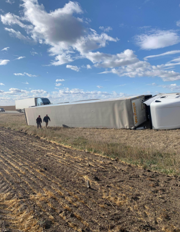 A tipped semi truck on a South Dakota highway on Thursday, Nov. 11.