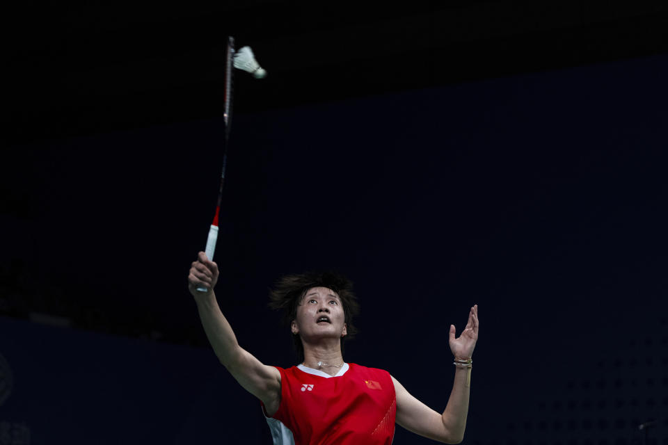 China's Jia Yifan competes during the women's team gold medal team match at the 19th Asian Games in Hangzhou, China, Sunday, Oct. 1, 2023. (AP Photo/Louise Delmotte)