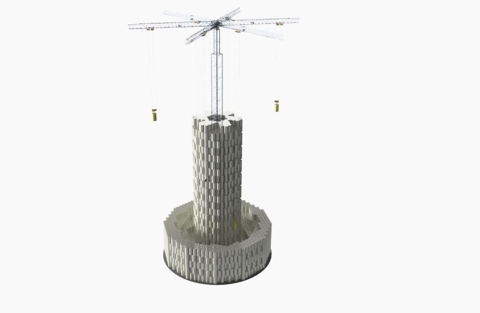 A simulation of a large-scale Energy Vault plant built of stacking concrete blocks.