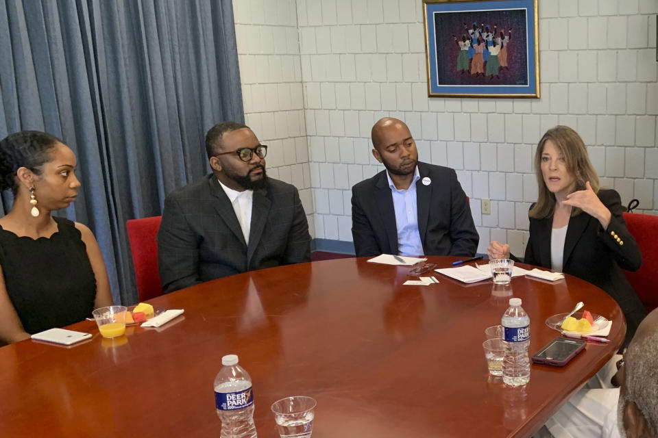 Democratic presidential candidate Marianne Williamson speaks with a group of community and religious leaders at the Interdenominational Theological Center in Atlanta, on Aug. 31, 2019. Despite being excluded from this week’s third Democratic debate due to poor polling numbers, the best-selling author continues to campaign full time, with the goal of qualifying for the fourth debate in mid-October.(AP Photo/Khalil Ashraf)