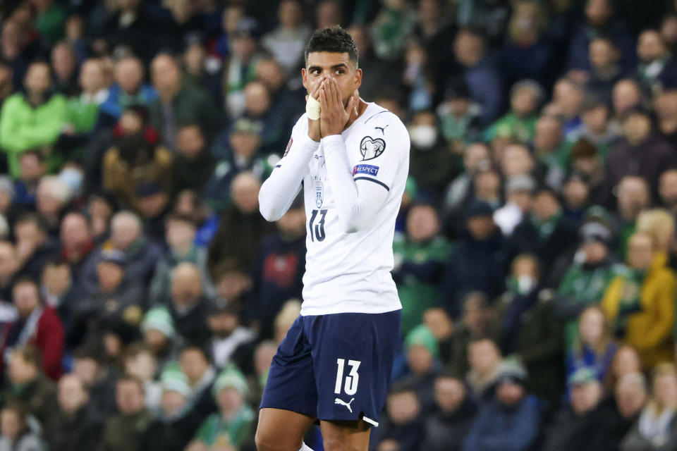 Emerson of Italy reacts during the World Cup 2022 group C qualifying soccer match between Northern Ireland and Italy at Windsor Park stadium in Belfast, Northern Ireland, Monday, Nov. 15, 2021. (AP Photo/Peter Morrison)